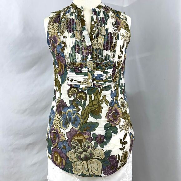 NWT MAGAZINE White Muted Multicolor Floral V Neck Tank Top Womens S Boho Fairy - Picture 1 of 6